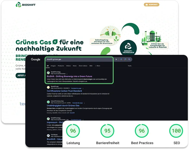 A composition of a screenshot of the website of Bioshift GmbH as well as a screenshot of the Google result page