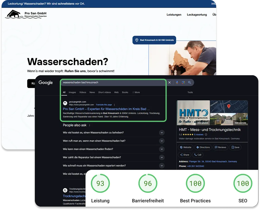 A composition of a screenshot of the website of Prosan GmbH as well as a screenshot of the Google result page